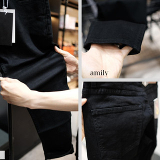 Quần Skinny Jeans Nam AMILY Màu Đen Trơn chất bò đen rách gối dáng ôm tôn dáng trẻ trung
