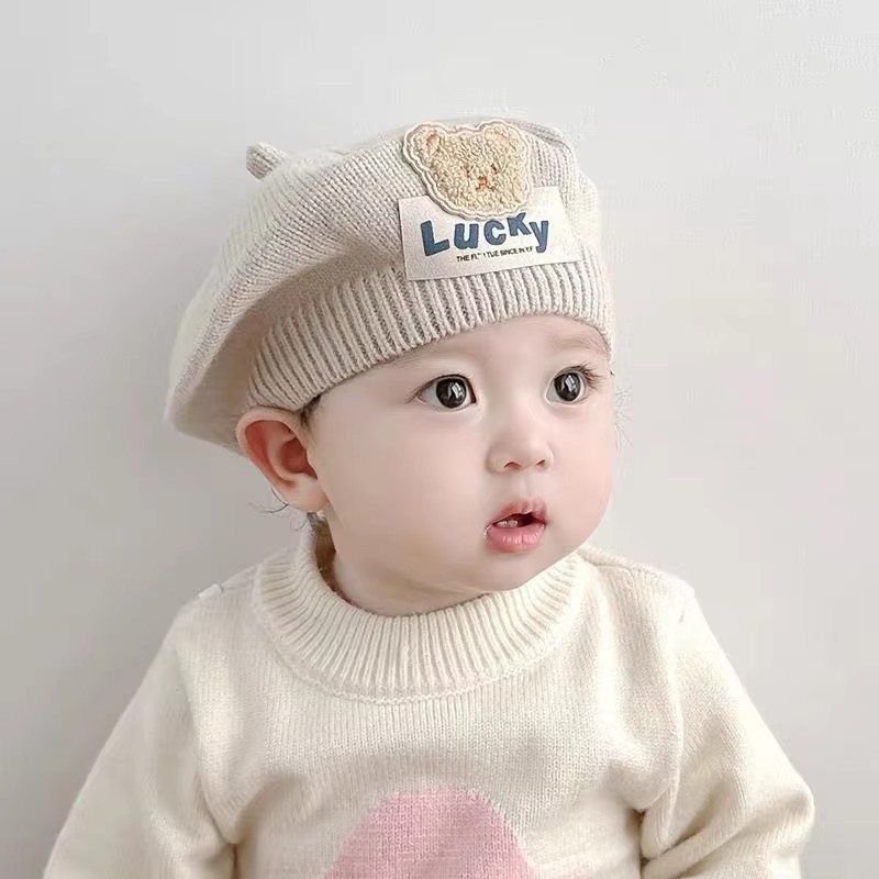 Mũ dệt kim màu trơn cho trẻ em - Mũ len họa sĩ Hàn Quốc - Mũ kho báu nghệ sĩ hoạt hình thời trang - Mũ nồi sợi gấu bông thu đông - Mũ ấm áp chống gió, chống lạnh