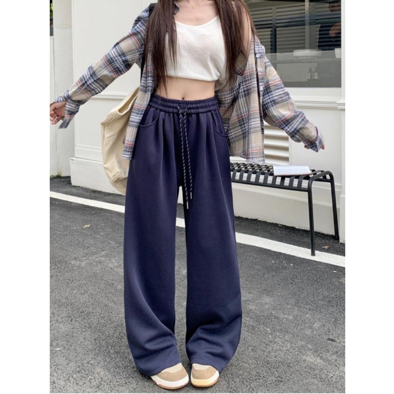 Quần ống rộng quần thường ngày rộng rãi quần giáng sinh nữ quần ống đứng cạp cao mùa thu quần lau sàn