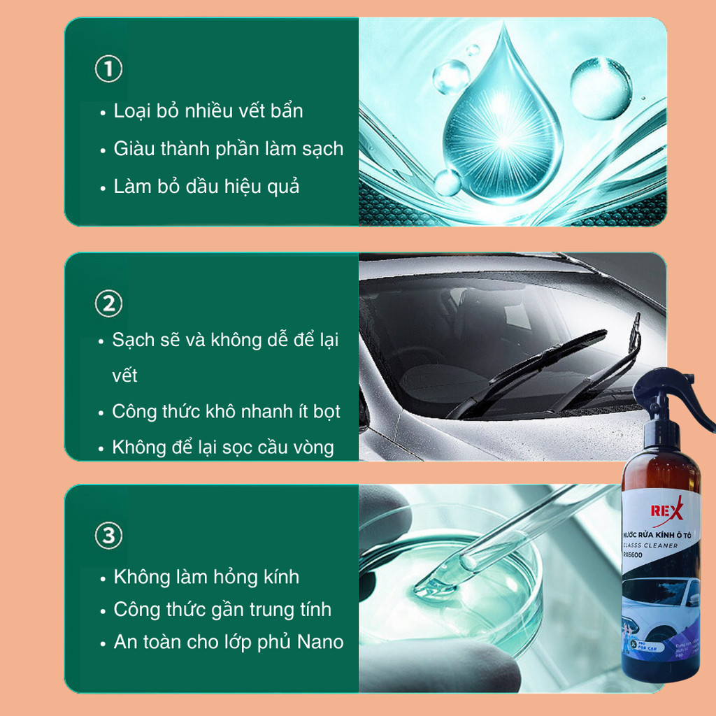 Nước rửa kính ô tô REX RX6600 500ml chuyên dụng, Làm sạch vệ sinh và bảo dưỡng kính xe hơi