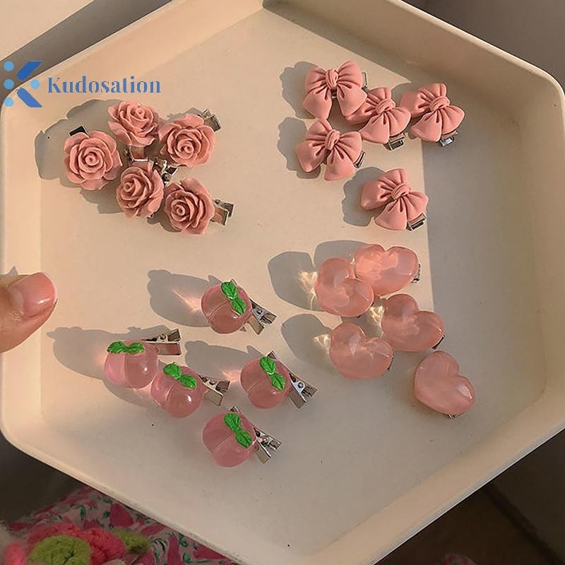 Kudosation Dễ Thương Phong Cách Hàn Quốc Mỏ Vịt Kẹp Nổ Kẹp Nơ Đào Hình Trái Tim Hoa Màu Hồng Barrettes Dành Cho Nữ Cô Gái Phụ Kiện Tóc