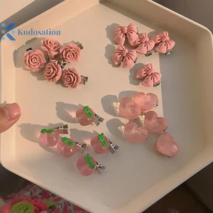 Kudosation Dễ Thương Phong Cách Hàn Quốc Mỏ Vịt Kẹp Nổ Kẹp Nơ Đào Hình Trái Tim Hoa Màu Hồng Barrettes Dành Cho Nữ Cô Gái Phụ Kiện Tóc