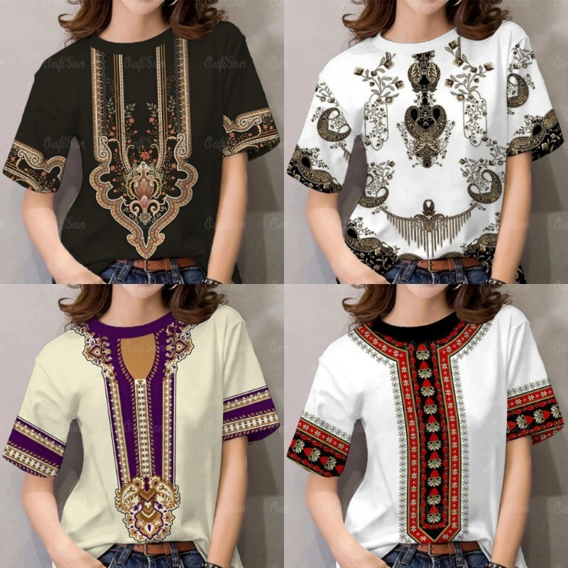 Phong Cách Dân Tộc Retro Áo Thun Nữ Cổ Tròn Tay Ngắn Áo Sơ Mi Nam Nữ In 3D Truyền Thống Dân Tộc Quần Áo Thoáng Khí Oversize Top Asean Attire Dành Cho Nữ Và Nam