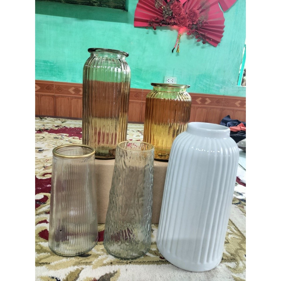 Lọ hoa thủy tinh SẦN 26CM màu hổ phách, phong các pha lê, Lọ dáng trụ sọc