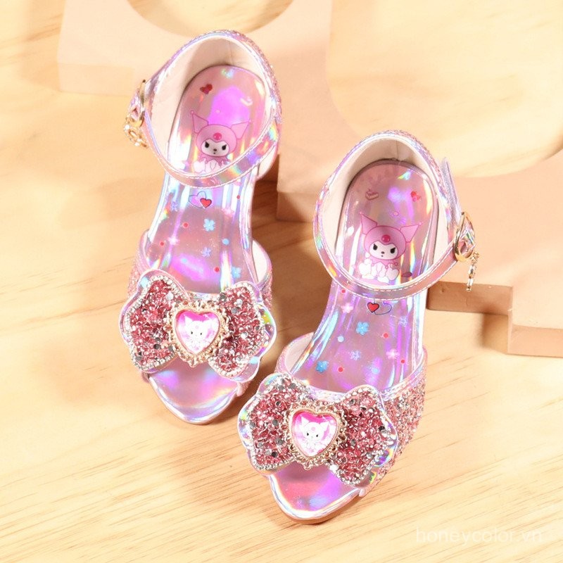 Giày cao gót cho bé gái mùa xuân và mùa thu giày trẻ em Clow M giày công chúa tím pha lê dép đế mềm giày mũi nhọn cho trẻ em