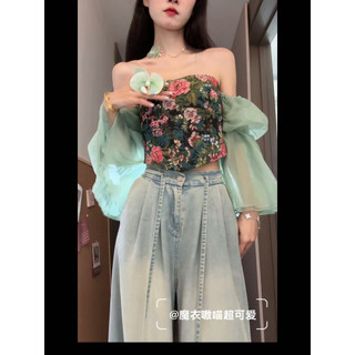 Phong cách Thái!Áo sơ mi thẩm mỹ cổ điển tay phồng hoa Niche Sling!]Tính khí T [Vai!Áo Vest đẹp