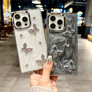 Ốp vuông cho iPhone 16 15 14 13 11 12 Pro Max, thời trang sang trọng, mạ điện, keo giọt, bướm, chống sốc