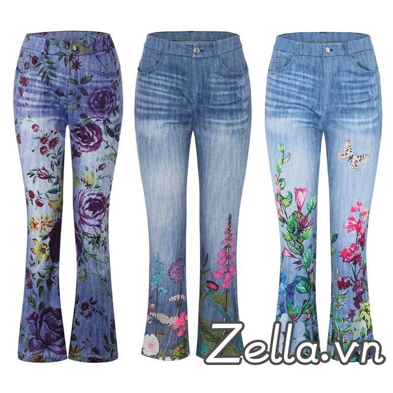 Quần jean nữ mùa xuân mùa hè loe in hoa đáy chuông mỏng Quần Denim