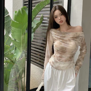 Áo thun nữ dài tay màu loang lệch, áo nữ trễ vai dài tay mùa thu vải lưới mỏng áo ngắn gợi cảm