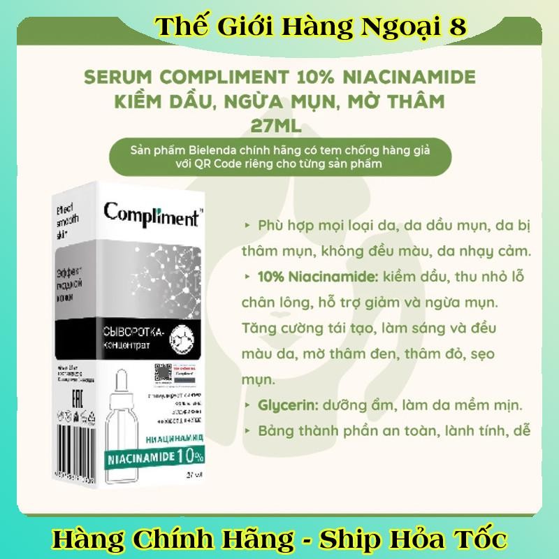 [VỎ TRẮNG DATE MỚI] Serum Compliment 10% Niacinamide kiềm dầu, ngừa mụn, mờ thâm 27ml của Nga