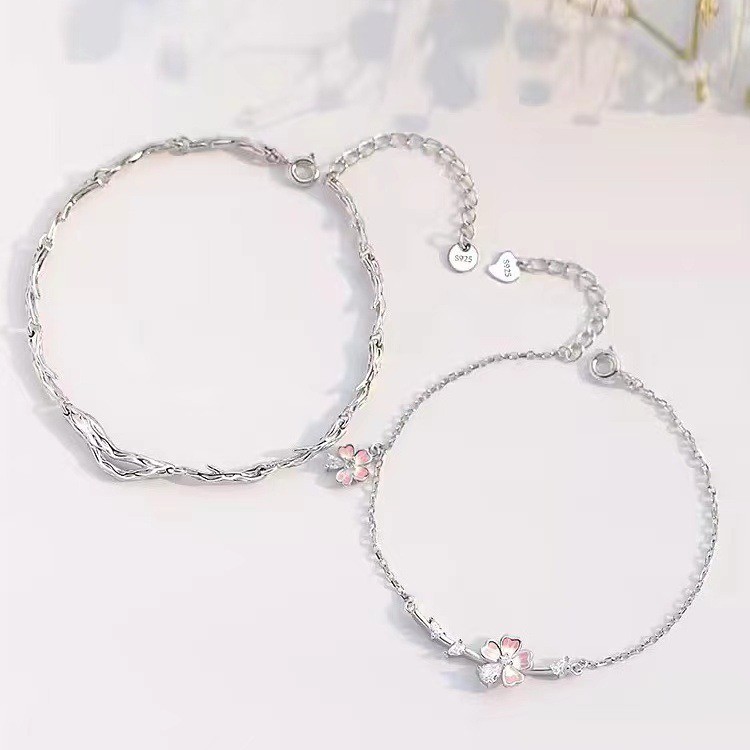 S925 Bạc Hoa Anh Đào Lót Twig Cặp Đôi Vòng Tay Thời Trang Đơn Giản Hoa Nam Nữ Vòng Tay