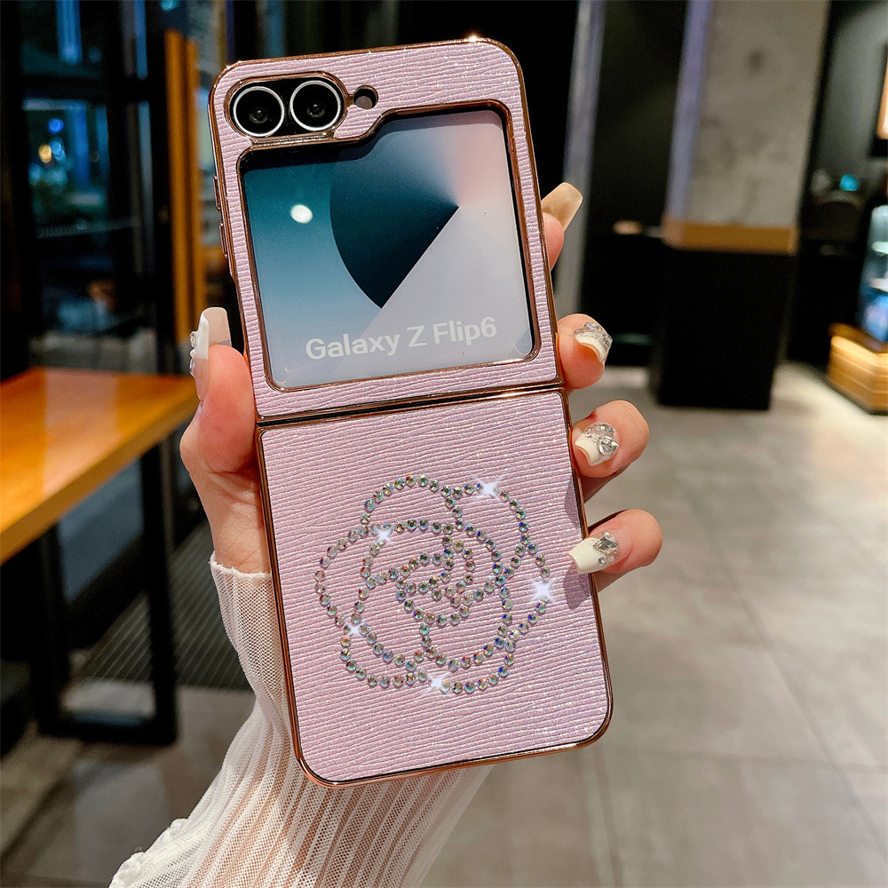 Ốp điện thoại họa tiết trang trí kim cương mạ điện cho Samsung Galaxy Z Flip 6 5 4 3 Flip6 Flip5 Flip4 Flip3 5G Bao da