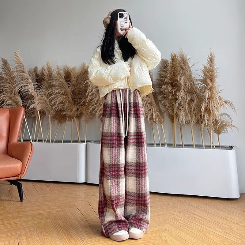 Quần nỉ nữ giáng sinh quần ống rộng mẫu thu đông 2024 phong cách năm mới Màu đỏ Quần thun ống đứng lót nhung mùa đông