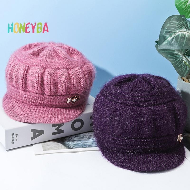 < Honeyba > Len Mũ Thời Trang Nữ Sang Trọng Dệt Kim Bảo Vệ Tai Gió Màu Trơn Bầu Không Khí Đơn Giản Mùa Thu Đông Mũ Ấm Áp