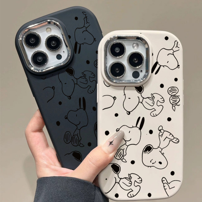 Ốp Điện Thoại Cho IPhone 16e 16 Pro Max 15 14 13 12 11 Pro Max 7 8 16 Plus X XS Ốp Lưng Hoạt Hình Snoopy TPU Màu Kẹo Silicon Mạ Chống Sốc Ống Kính Kim Loại Mềm