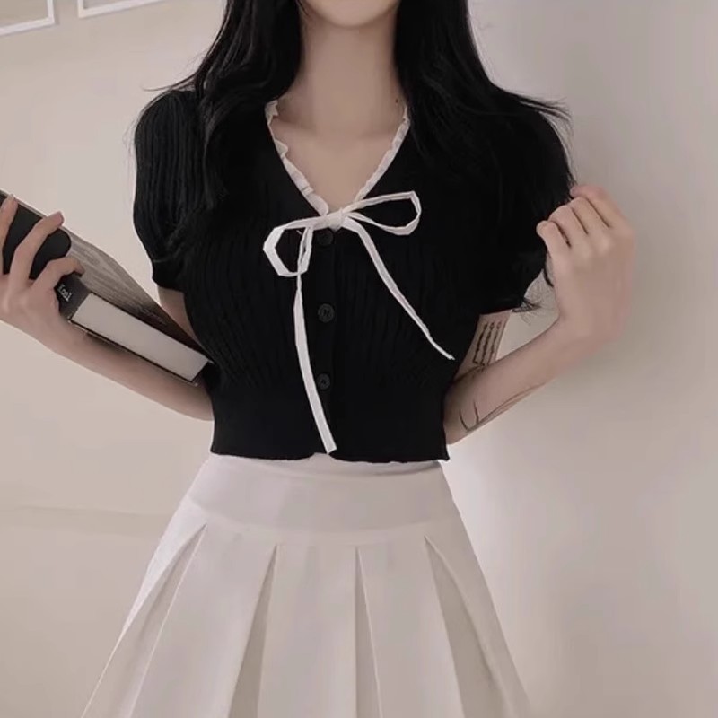 Áo len ngắn tay cổ V, ôm sát, đa năng, bằng lụa lạnh