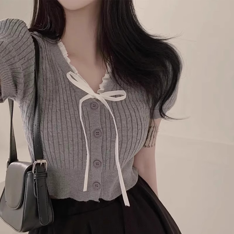Áo len ngắn tay cổ V, ôm sát, đa năng, bằng lụa lạnh