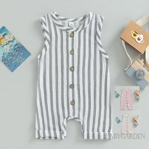 / / -Baby Bé Trai Bé Gái Áo Liền Quần Vải Lanh Cotton Nhẹ Thoáng Khí Không Tay Sọc Nút Ngắn Áo Liền Quần Trang Phục Mùa Hè Thu