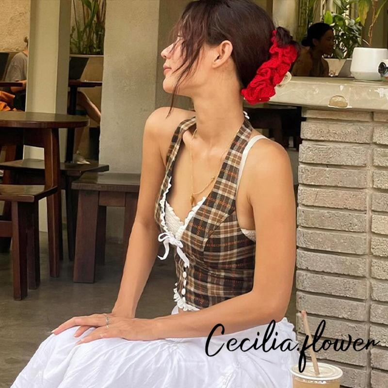 Nữ Dây Cổ Tank Tops Không Tay Ren Viền Kẻ Sọc In Crop Top Áo Sơ Mi Mùa Hè