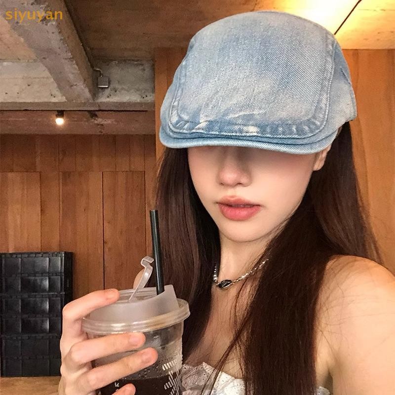 Siyuyan Retro Bông Tai Kẹp Phong Cách Rửa Denim Phía Trước Mũ Dành Cho Nam Nữ Xuân Hè Thường Ngày Đa Năng Thể Hiện Mặt Mũ Nồi Văn Học Nhỏ VN