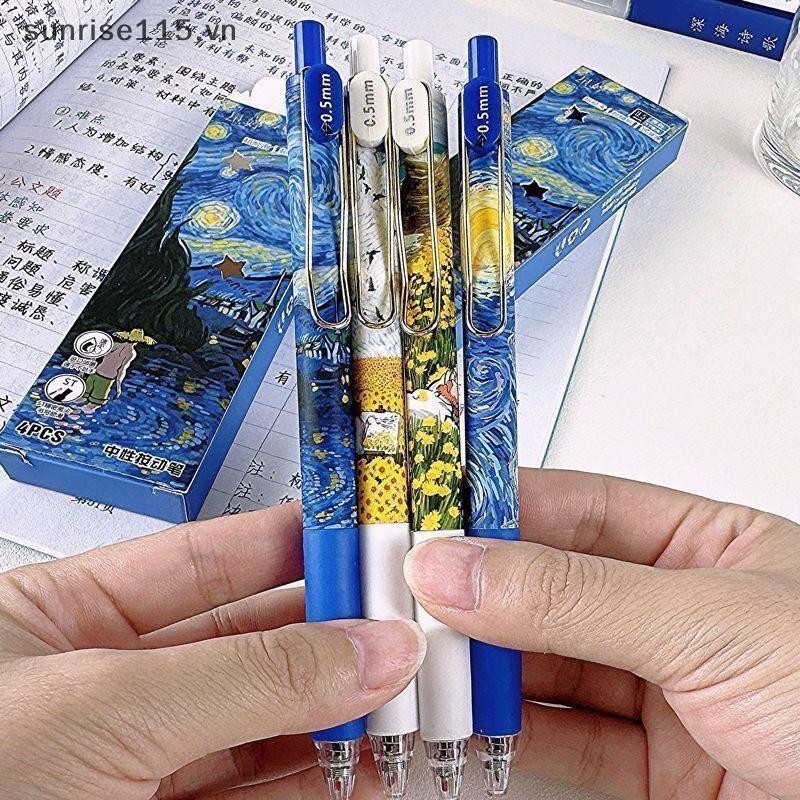 SRVN 4 Cái / hộp Hợp Thời Trang Van Gogh Tranh Sơn Dầu Báo Chí Bút Gel Mực Đen 0.5 Mm Bút Bi Văn Phòng Phẩm Bút Khô Nhanh Cho Học Sinh.