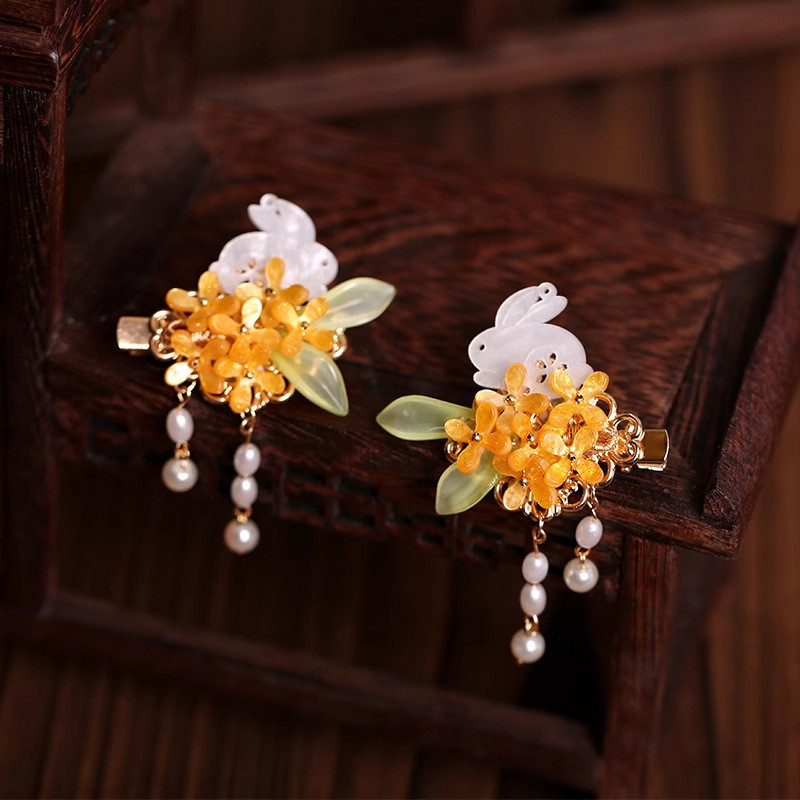 MAUROPOLI [Sẵn Sàng] Thỏ Cổ Osmanthus Tua Rua Kẹp Tóc Nữ Hanfu Trung Thu Lễ Hội Phụ Kiện Tóc Mỏ Vịt Kẹp Mũ Đội Đầu Nổ Cặp Kẹp