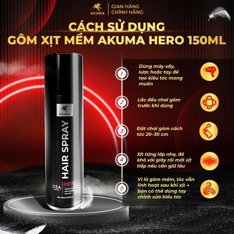 Ảnh Gôm xịt tóc mềm AKUMA HERO 150ml tạo độ phồng tự nhiên, giữ nếp tạo kiểu, không gây bết và nặng tóc. 3