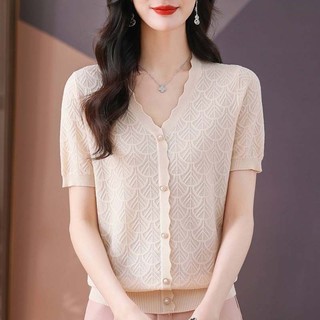 Áo thun ngắn tay cao cấp 2025 Nữ mùa hè Phong cách mới Áo dệt kim mỏng phong cách hàng đầu Phong cách mới Cổ chữ V phong cách phương Tây Áo sơ mi nhỏ dáng rộng Phong cách ngắn Hợp thời trang