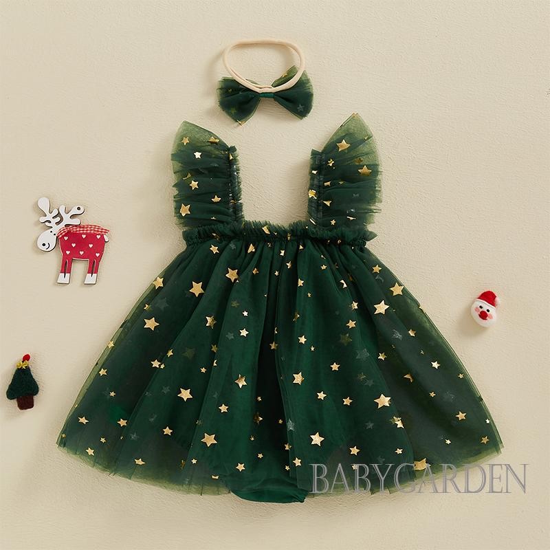 / / -Baby Girls Bobbles Ringing Bells Trang trí lưới viền áo liền quần không tay có băng đô Quần áo Giáng sinh sơ sinh