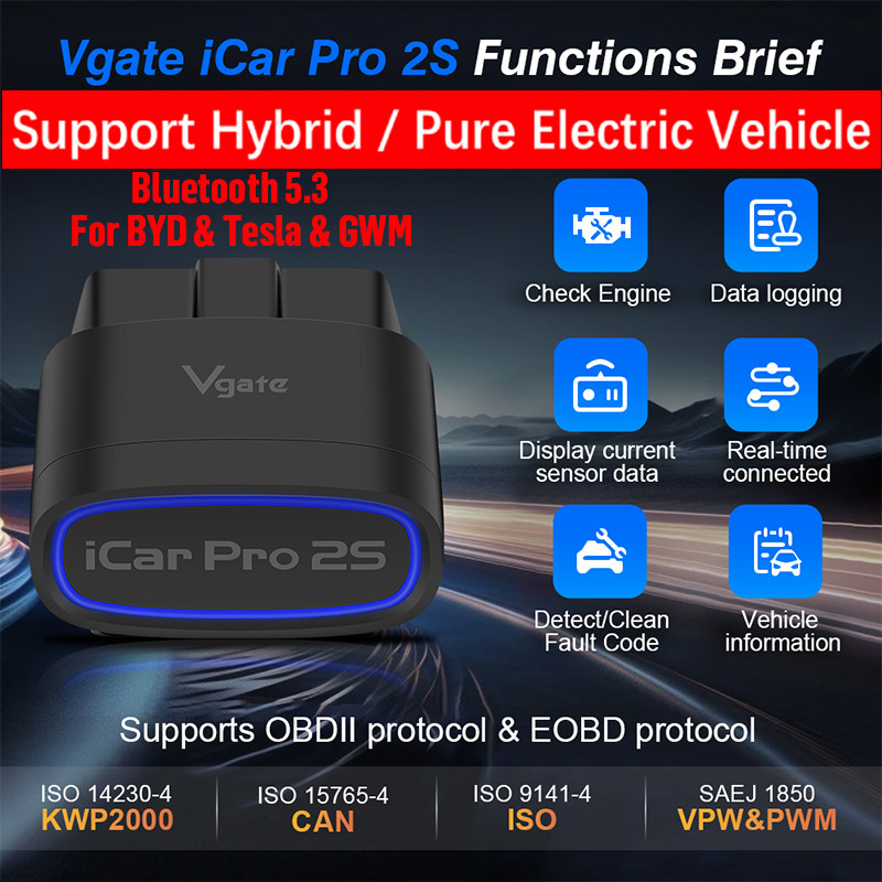 Máy quét ô tô Vgate iCar Pro 2S OBD2 cho BYD & Tesla & GWM Bluetooth 5.2 cho IOS Kiểm tra động cơ Android cho Công cụ quét chẩn đoán tự động BMW OBD 2 PK ELM 327