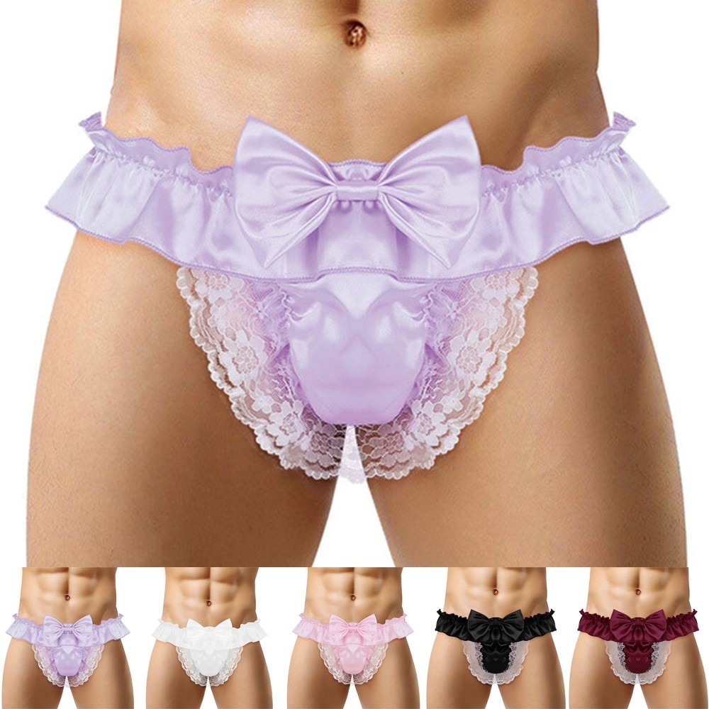 {WELV}Men's Sexy Satin Lace See Through Panties G String Thong Briefs Lingerie