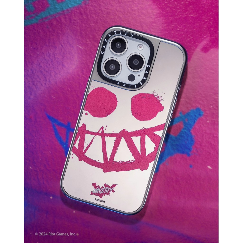 CASETiFY X Arcane Pink Smiley Face Case hút từ tính Vỏ IPhone gương đen & bạc IPhone 16 15 14 13 12 Pro Max Plus Ốp điện thoại cứng có hộp khắc logo