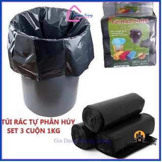 3 cuộn (1kg) túi đựng rác đen, bao rác tự phân hủy sinh học trung 55x65 - Phương Trang