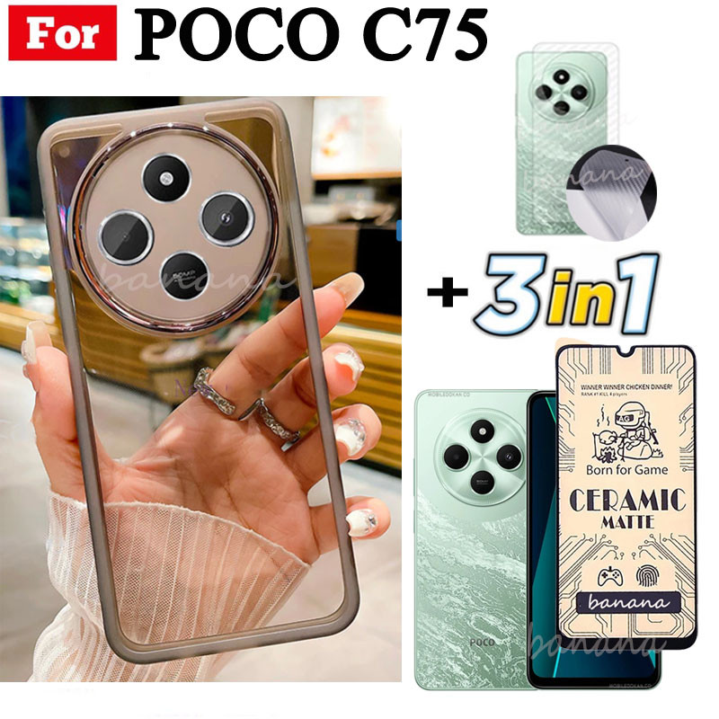 Vỏ điện thoại trong suốt bằng silicon mềm TPU 3 trong 1 Poco C75 C65 C61 có vỏ bảo vệ Camera + Kính cường lực riêng tư + Phim mặt sau