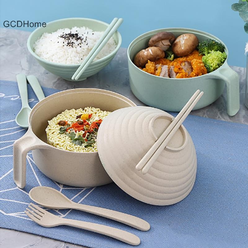 Gcdhome 5 Chiếc Rơm Lúa Mì al Có Nắp Bát Thìa Nĩa Eag Bộ Đồ Ăn Bát Chống HẤP DẪN Bát Microwavable HOT