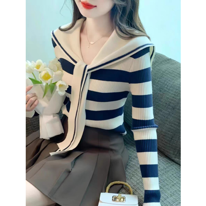 Suxi Pháp Retro Sọc Thu Đông Mới Áo Len Dệt Kim Dài Tay Áo Len Nữ 241118