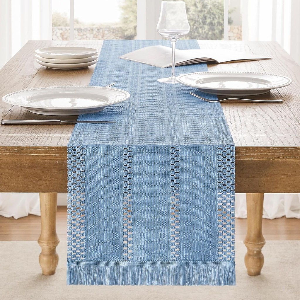 123456Bàn Người Runner Cotton Vải Lanh Khâu Dệt Bàn Chạy Màu Trơn Tua Rua Khăn Trải Bàn
