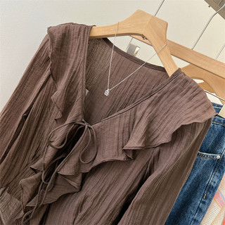 Phong Cách Hàn Quốc Nữ Voan Ruffle Ren Áo Sơ Mi Tay Dài
