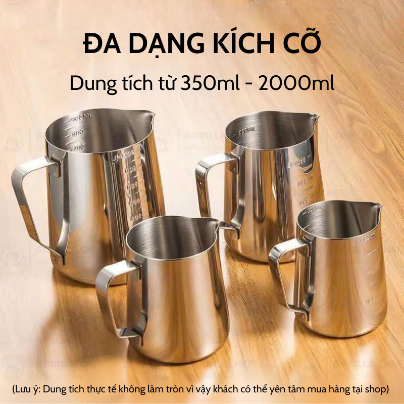 Ca đánh sữa latte art inox 304 có chia vạch 2 mặt, dung tích chuẩn không làm tròn