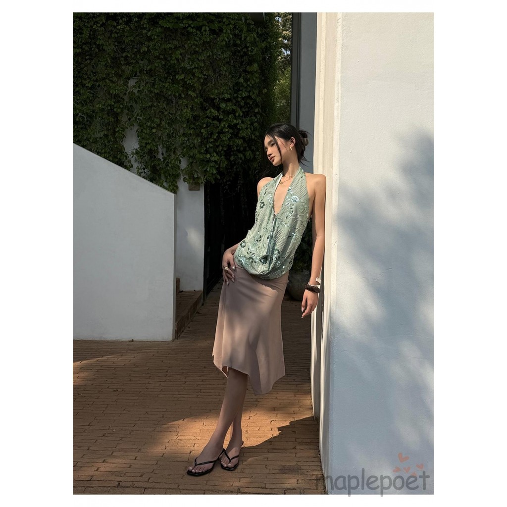 MAPLEPOET-Áo dây nữ thời trang Sequins không tay cổ chữ V sâu không lưng cho mùa hè