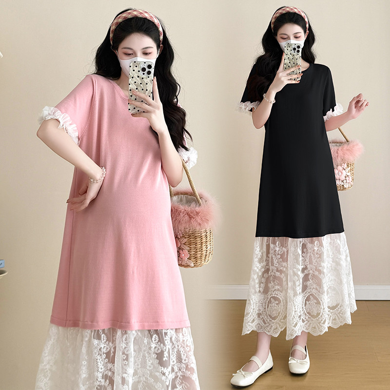Trang phục bà bầu Mùa hè dệt kim khâu dáng rộng Plus Size Đầm