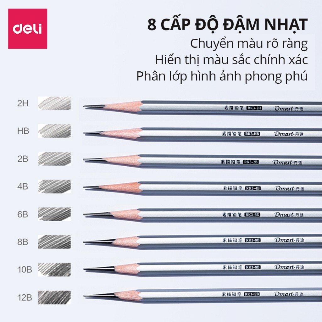 Bút Chì Phác Thảo Deli Phiên Bản Cao Cấp Dmast 2H, HB, 2B, 4B, 6B, 8B,10B,12B Vẽ Chuyên Nghiệp Chì Mềm Độ Đậm Chuẩn