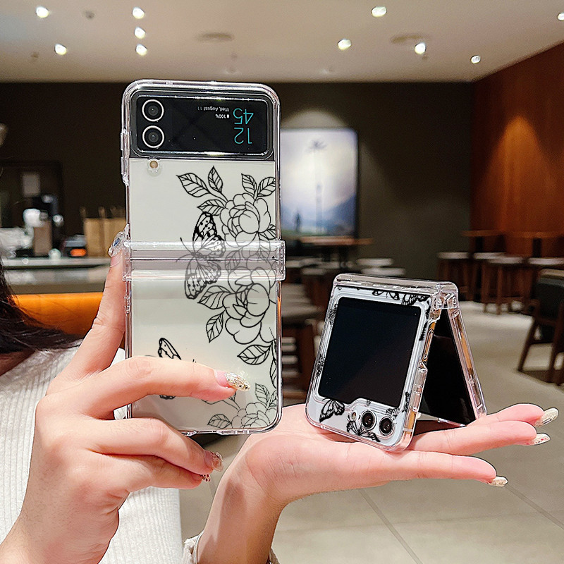 Bướm In Hoa Trong Suốt Vỏ Điện Thoại Cho Samsung Galaxy Z Flip 6 Flip 5 Flip 4 5G Full Bản Lề Cứng PC Gấp Bao Cho Samsung Z Flip 6 5 4 3