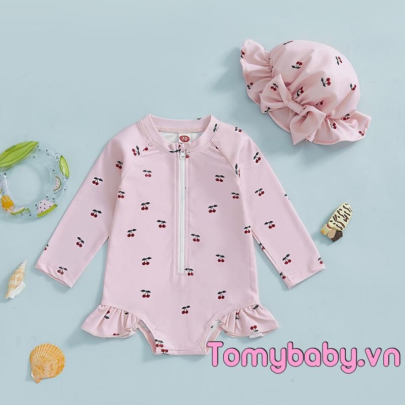 Bộ đồ bơi Baby Girls Rash Guard Nơ dài tay / Bộ đồ tắm in hình anh đào có mũ chống nắng