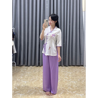 set lụa thêu bông đào pháp phục đi chùa, cổ tim trẻ trung