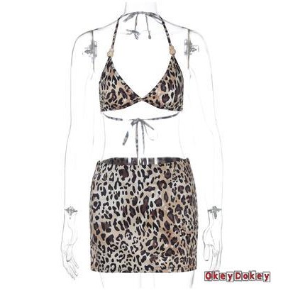 Okdk-bộ 2 món trang phục mùa hè dành cho nữ Áo Crop top cổ chữ V in họa tiết da báo và váy Mini