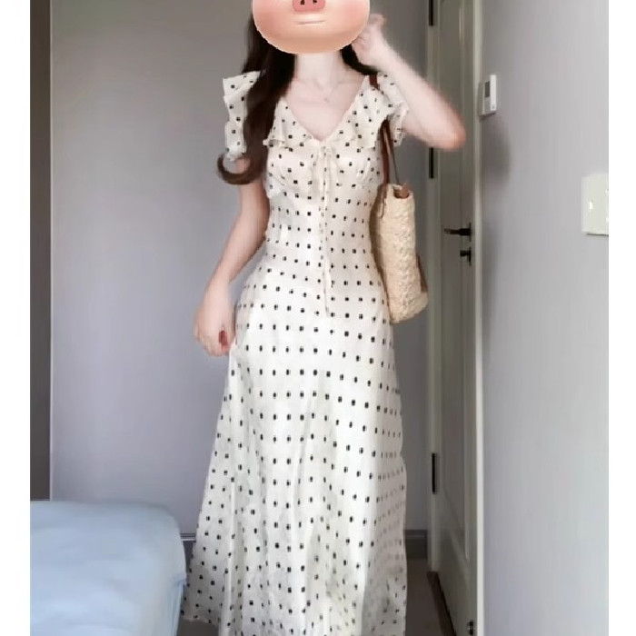 Đầm tay phồng chấm bi kiểu Pháp cho phụ nữ, kỳ nghỉ hè bãi biển, eo nhẹ nhàng, đầm nhỏ thanh lịch