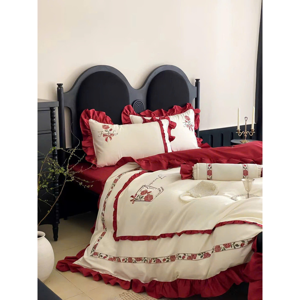 (L41439)Bộ Chăn Ga Gối Cotton 100s Mềm Mại Mát Mẻ Thêu Hoa Hồng Thiết Kế Bèo Nhúm Tinh Xảo- MemMinbedding Luxury