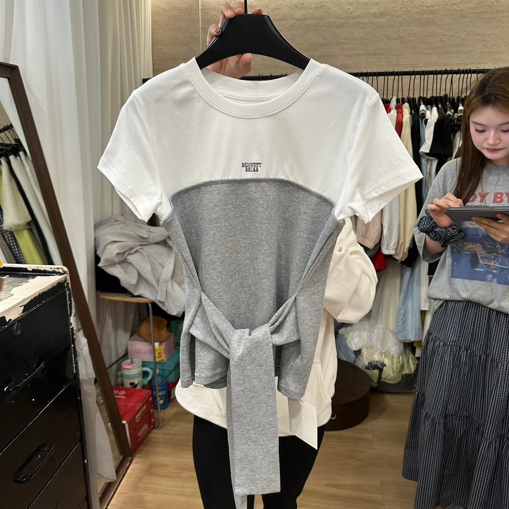 Milyfashion Giả Hai Mảnh Slim-Fit Phối Màu Phối Ren Ngắn Tay T