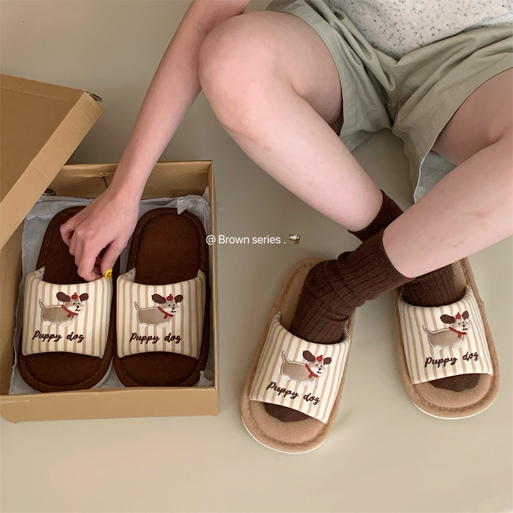 Dễ Thương Chó Con Vải Lanh Dép ins Nhật Bản Bốn Mùa Đa Năng Dép Đi Trong Nhà Dép Vải Lanh Cotton Giày Sàn Hút Mồ Hôi Hộ Gia Đình Dép Phẳng